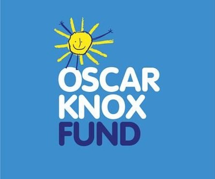 Hand-drawn sun graphic with white and dark blue text below reading 'Oscar Knox Fund' on a light blue background